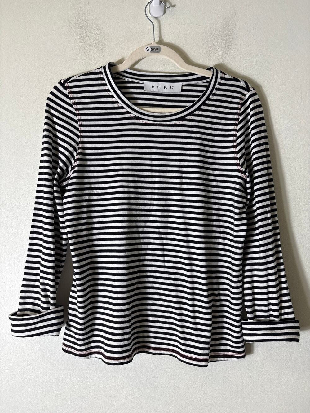 Buru Black and White Strip Boat Neck 3/4 Sleeve Tee Sz S